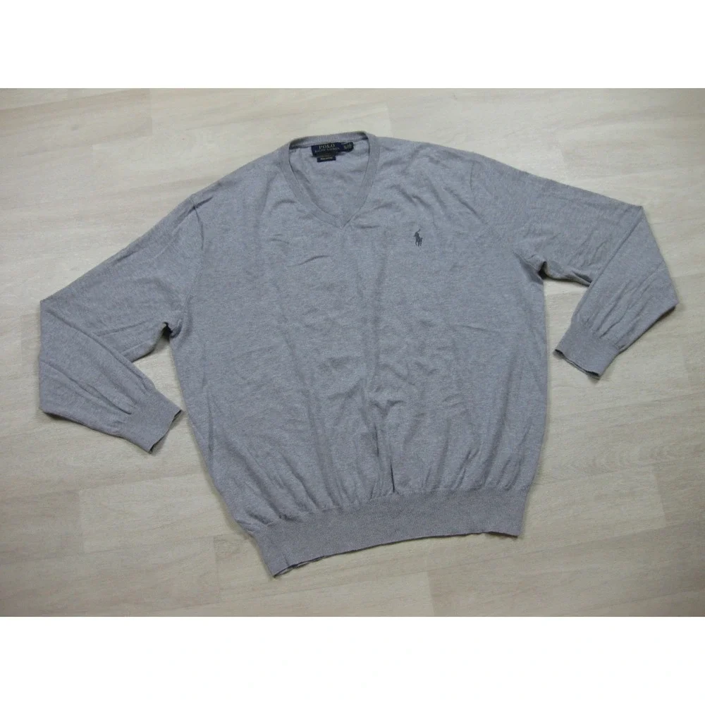 Polo Ralph Lauren Pima Cotton Sweater Men's (XL) V Neck Preppy Lightweight Gray